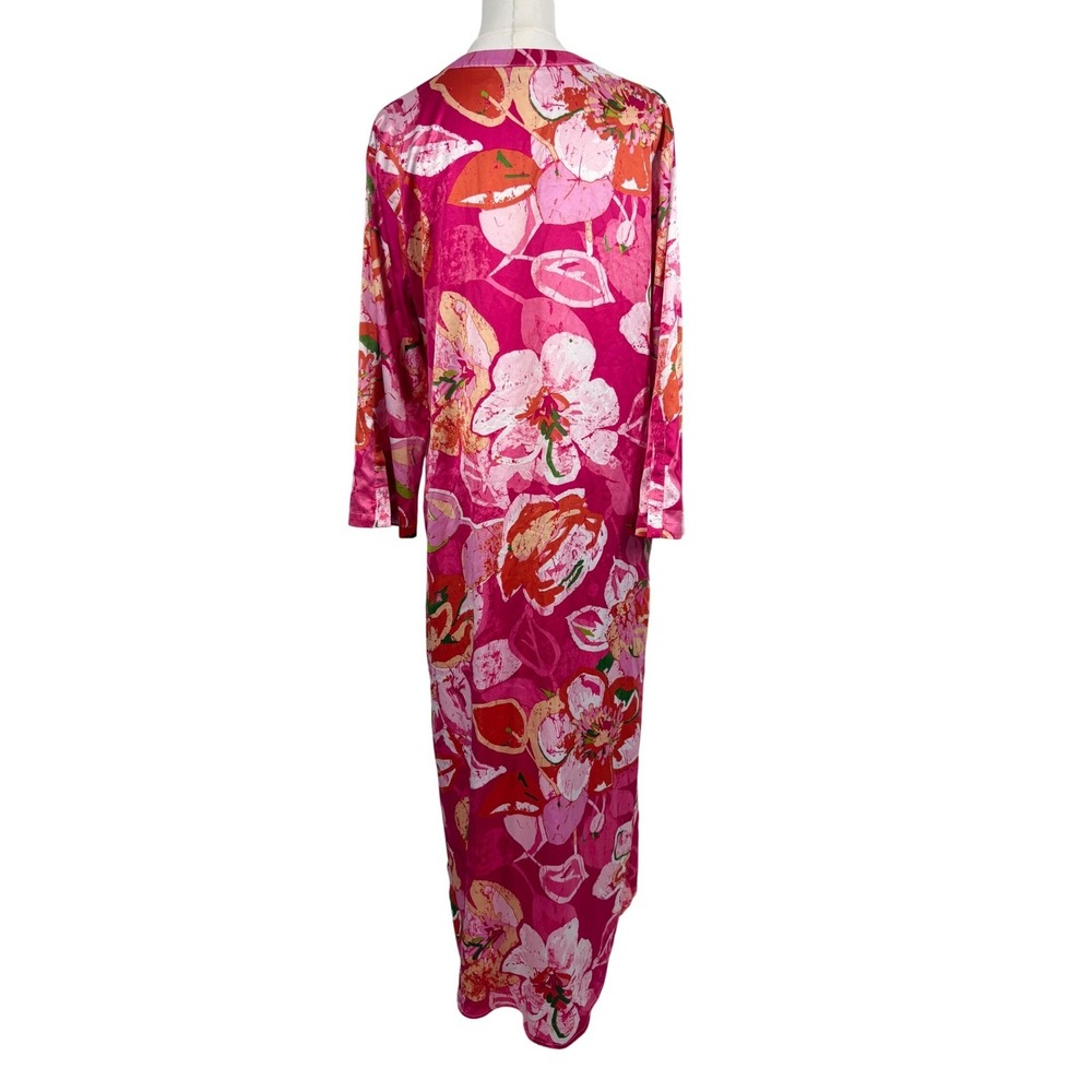 Natori Pink Floral Maxi Caftan Silky Dress Resort Tropical Lounge Cruise Boho - Picture 2 of 8